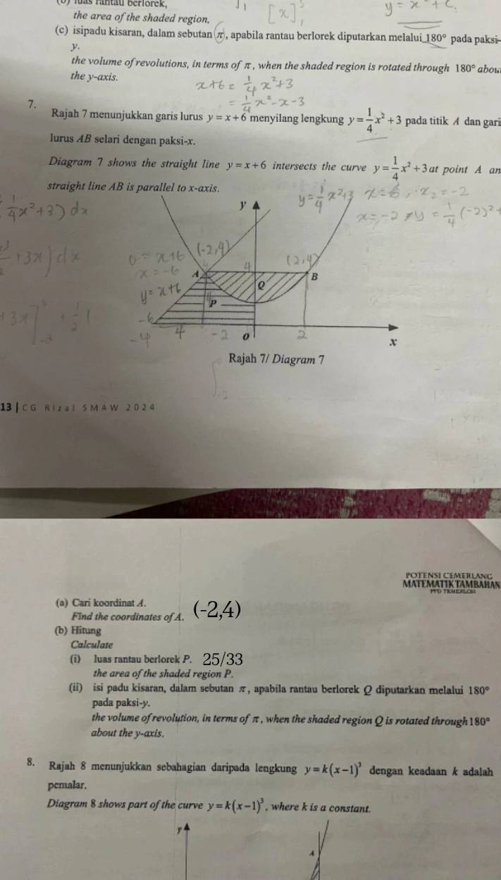 las fantau Berlorek, 
the area of the shaded region, 
(c) isipadu kisaran, dalam sebutan π, apabila rantau berlorek diputarkan melalui 180° pada paksi-- 
the volume of revolutions, in terms of π , when the shaded region is rotated through 180°
the y-axis. abou 
7. 
Rajah 7 menunjukkan garis lurus y=x+6 menyilang lengkung y= 1/4 x^2+3 pada titik A dan gari 
lurus AB selari dengan paksi- x. 
Diagram 7 shows the straight line y=x+6 intersects the curve y= 1/4 x^2+3 at point A an 
straight line AB is parallel to x-axis. 
13 | C G R i z a l S M A W 2 D 2 4
POTENSI CEMERLANC 
MATEMATIK TAMBAHAN 
(a) Cari koordinat A. (-2,4)
Find the coordinates of A. 
(b) Hitung 
Calculate 
(i) luas rantau berlorek P. 25/33 
the area of the shaded region P. 
(ii) isi padu kisaran, dalam sebutan π, apabila rantau berlorek Q diputarkan melalui 180°
pada paksi- y. 
the volume of revolution, in terms of π , when the shaded region Q is rotated through 180°
about the y-axis. 
8. Rajah 8 menunjukkan sebahagian daripada lengkung y=k(x-1)^3 dengan keadaan k adalah 
pemalar. 
Diagram 8 shows part of the curve y=k(x-1)^3 , where k is a constant.
y
A