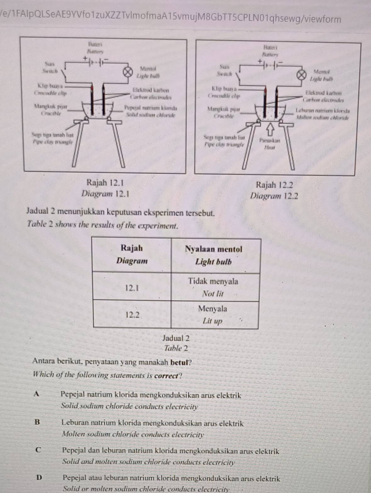 Ve/1FAlpQLSeAE9YVfo1zuXZZTvlmofmaA15vmujM8GbTT5CPLN01qhsewg/viewform



Rajah 12.1 Rajah 12.2
Diagram 12.1 Diagram 12.2
Jadual 2 menunjukkan keputusan eksperimen tersebut.
Table 2 shows the results of the experiment.
Jadual 2
Table 2
Antara berikut, penyataan yang manakah betul?
Which of the following statements is correct?
A Pepejal natrium klorida mengkonduksikan arus elektrik
Solid sodium chloride conducts electricity
B Leburan natrium klorida mengkonduksikan arus elektrik
Molten sodium chloride conducts electricity
C Pepejal dan leburan natrium klorida mengkonduksikan arus elektrik
Solid and molten sodium chloride conducts electricity
D Pepejal atau leburan natrium klorida mengkonduksikan arus elektrik
Solid or molten sodium chloride conducts electricity