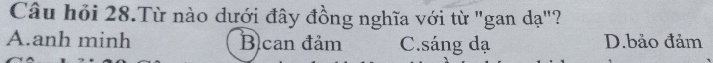 Câu hỏi 28.Từ nào dưới đây đồng nghĩa với từ "gan dạ"?
A.anh minh B can đảm C.sáng dạ D.bảo đảm