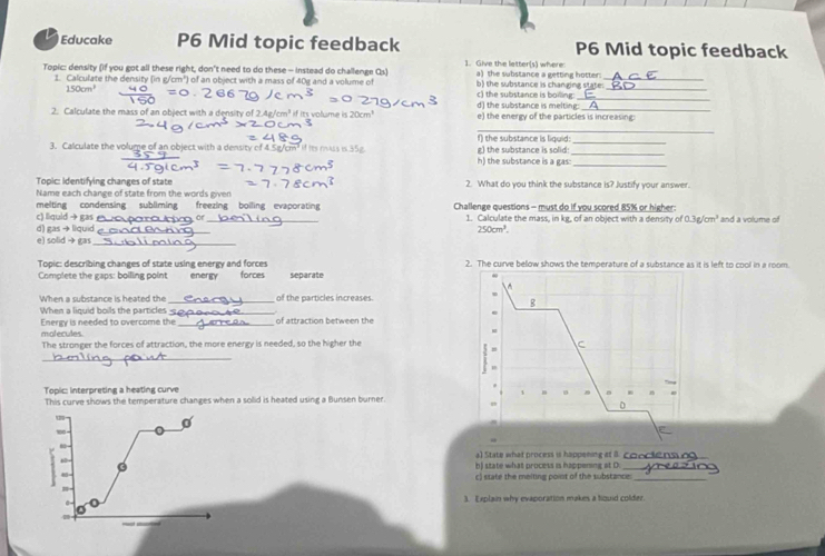 Educake P6 Mid topic feedback P6 Mid topic feedback
Topic: density (if you got all these right, don't need to do these - instead do challenge Qs) 1. Give the letter(s) where. a) the substance a getting hotter:
1. Calculate the density (in g/cm²) of an object with a mass of 40g and a volume of b) the substance is changing state:_
_
150cm^1 c) the substance is boilling:_
2. Calculate the mass of an object with a density of 2.4 g/cm^3 if its volume is 20cm' d) the substance is melting: e) the energy of the particles is increasing:
_
f) the substance is liquid:
3. Calculate the volume of an object with a density of 4.5g/cm³ if its miss is 35g g) the substance is solid:
_
h) the substance is a gas
_
Topic: Identifying changes of state 2. What do you think the substance is? Justify your answer.
Name each change of state from the words given
melting condensing subliming freezing boiling evaporating  Challenge questions - must do if you scored 85% or higher:
c) liquid → gas_  ü _1. Calculate the mass, in kg, of an object with a density of 0.3g/cm^3 and a volume of
d) gas → llquid _ 250cm^3.
e) solid → gas_
Topic: describing changes of state using energy and forces 2. The curve below shows the temperature of a substance as it is left to cool in a room.
Complete the gaps: boiling point energy forces separate
When a substance is heated the _of the particles increases.
8
When a liquid boils the particles_
Energy is needed to overcome the_ of attraction between the
molecules
The stronger the forces of attraction, the more energy is needed, so the higher the C
_
m

Topic: interpreting a heating curve
This curve shows the temperature changes when a solid is heated using a Bunsen burner. ,
0
100 -
`  _   
a) State what process is happening at . conclens o
h) state what process is happening at D._
4
c) state the meiting point of the substance:
3. Explain why evaporation makes a tizuid colder