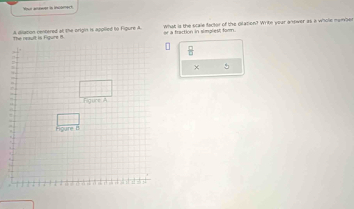 Your answer is incorrect. 
The result is Figure B. A cilation centered at the origin is applied to Figure A. or a fraction in simplest form. What is the scale factor of the dilation? Write your answer as a whole number
 □ /□  
× 5