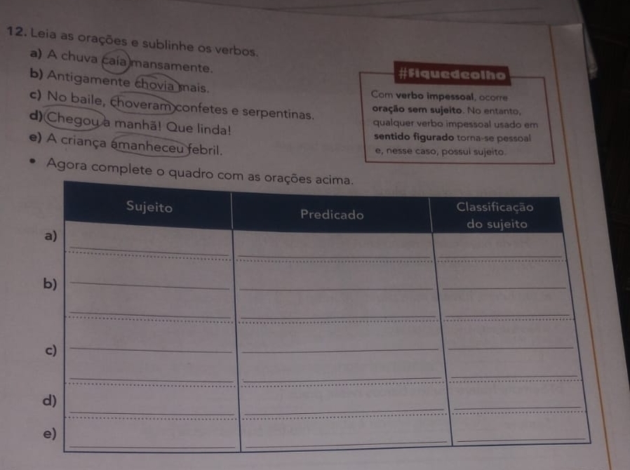 Leia as orações e sublinhe os verbos. 
a) A chuva caía mansamente. 
#Fiquedeolho 
b) Antigamente chovia mais. 
Com verbo impessoal, ocorre 
c) No baile, choveram confetes e serpentinas. 
oração sem sujeito. No entanto, 
d) Chegoy a manhã! Que linda! 
qualquer verbo impessoal usado em 
sentido figurado torna-se pessoal 
e) A criança amanheceu febril. 
e, nesse caso, possui sujeito. 
Agora complete o