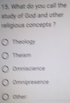 What do you call the
study of God and other
religious concepts ?
Theology
Theism
Omniscience
Omnipresence
Other:_