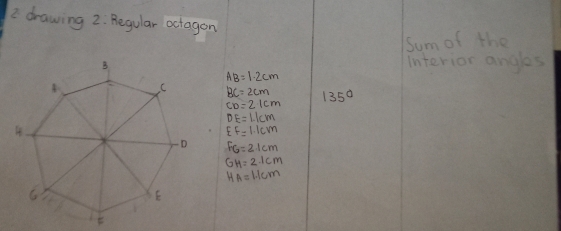 drawing 2. Regular actagon
Sum of the
interior anges
AB=1.2cm
BC=2cm 135°
DE=1.1cm
EF=1.1cm
FG=2.1cm
GH=2.1cm
HA=1.1cm