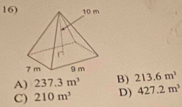 A) 237.3m^3
B) 213.6m^3
C) 210m^3
D) 427.2m^3