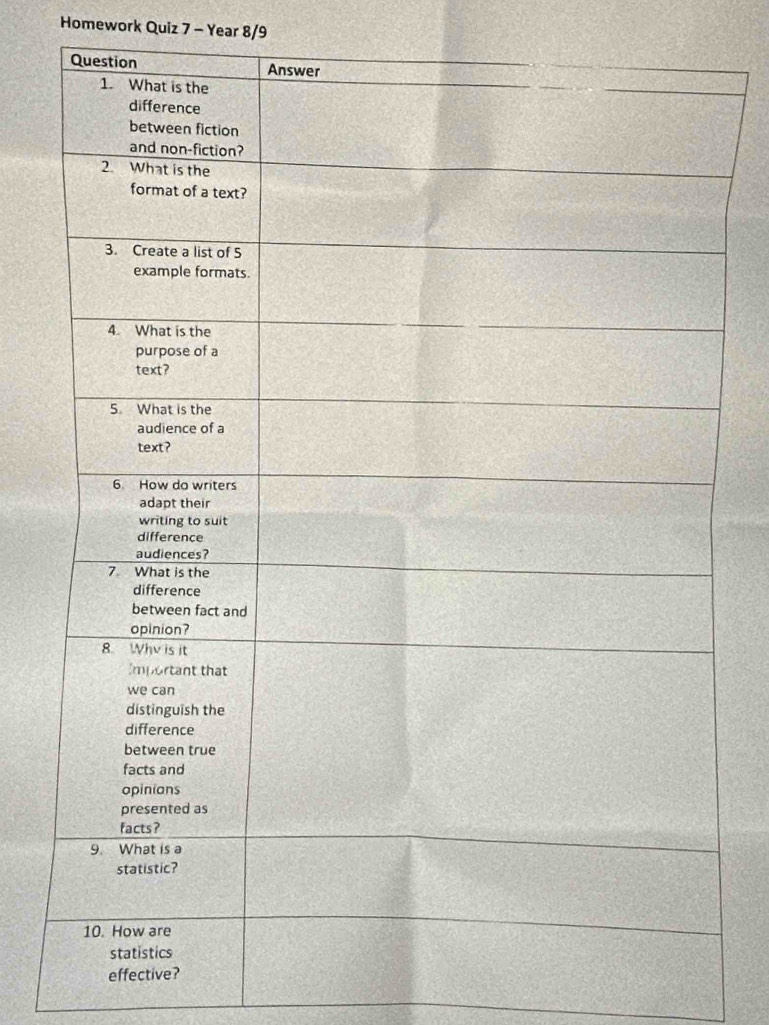 Homework Quiz 7 - Year 8/9 
effectiv