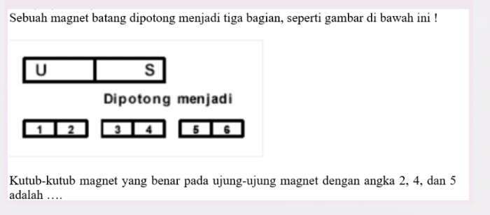 Sebuah magnet batang dipotong menjadi tiga bagian, seperti gambar di bawah ini ! 
Kutub-kutub magnet yang benar pada ujung-ujung magnet dengan angka 2, 4, dan 5
adalah …..