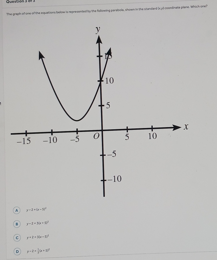 The graph of one of the equations below is represented by the following parabola, shown in the standard (x,y) coordinate plane. Which one?
A y-2=(x-5)^2
B y-2=3(x+5)^2
C y+2=3(x-5)^2
D y-2= 1/3 (x+5)^2