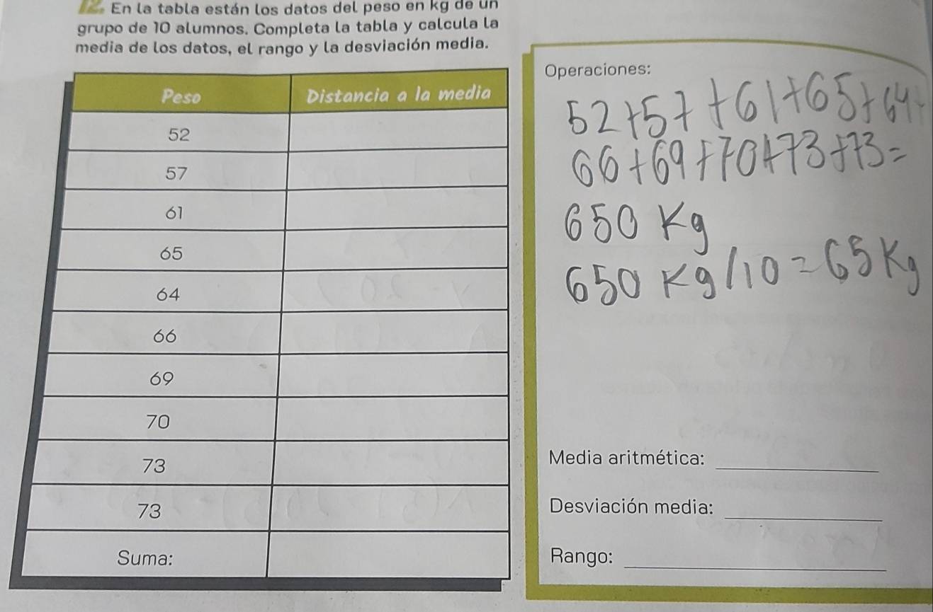 En la tabla están los datos del peso en kg de un 
grupo de 10 alumnos. Completa la tabla y calcula la 
media de los datos, el rango y la desviación media. 
peraciones: 
_ 
Media aritmética: 
Desviación media:_ 
_ 
ango: