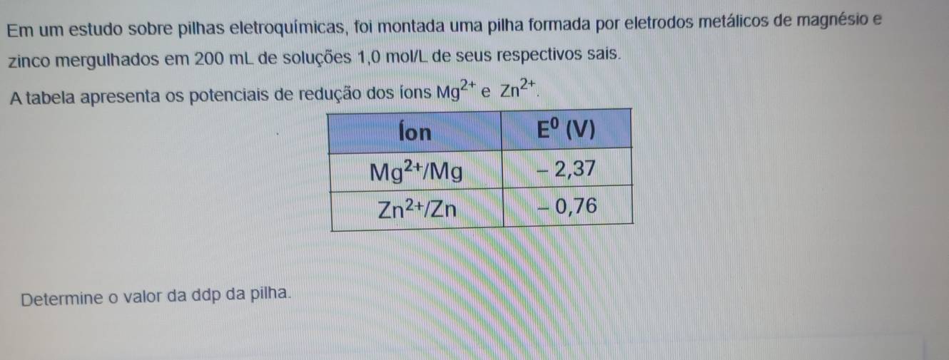 Em um estudo sobre pilhas eletroquímicas, foi montada uma pilha formada por eletrodos metálicos de magnésio e
zinco mergulhados em 200 mL de soluções 1,0 mol/L de seus respectivos sais.
A tabela apresenta os potenciais de redução dos íons Mg^(2+) e Zn^(2+).
Determine o valor da ddp da pilha.