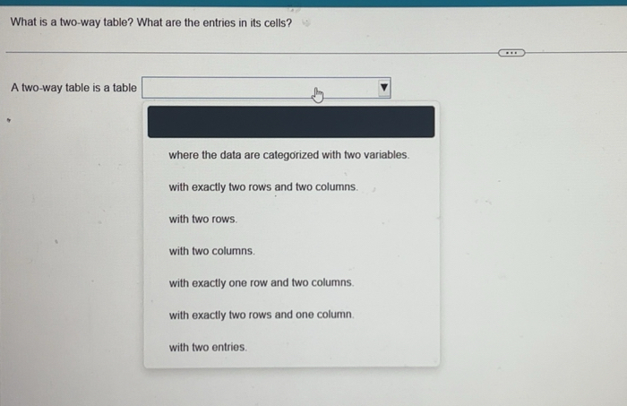 Solved: What is a two-way table? What are the entries in its cells? A ...