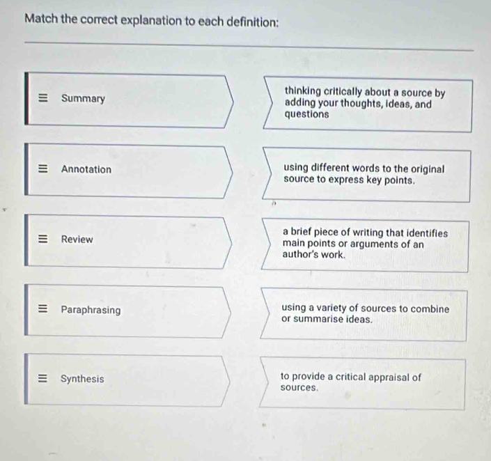 Match the correct explanation to each definition:
thinking critically about a source by
Summary adding your thoughts, ideas, and
questions
using different words to the original
Annotation source to express key points.
a brief piece of writing that identifies
Review main points or arguments of an
author's work.
Paraphrasing using a variety of sources to combine
or summarise ideas.
Synthesis to provide a critical appraisal of
sources.