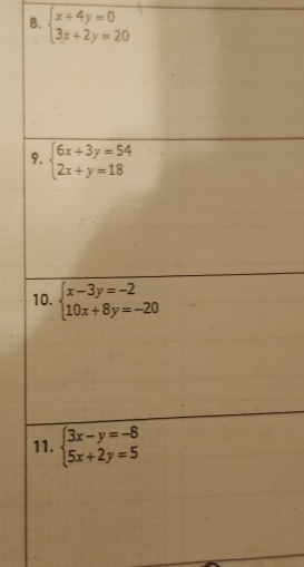 beginarrayl x+4y=0 3x+2y=20endarray.