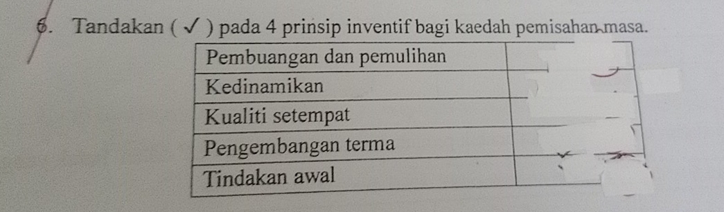 Tandakan ( √ ) pada 4 prinsip inventif bagi kaedah pemisahan masa.