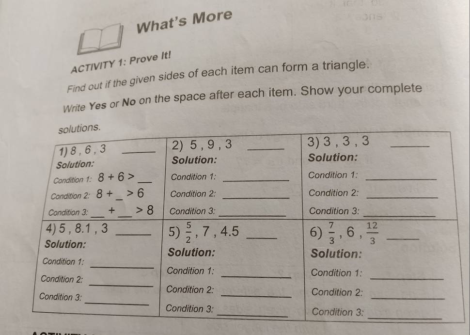 What's More
ACTIVITY 1: Prove It!
Find out if the given sides of each item can form a triangle.
Write Yes or No on the space after each item. Show your complete