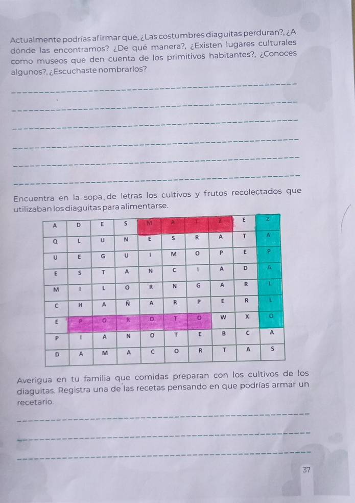 Actualmente podrías afirmar que, ¿Las costumbres diaguitas perduran?, ¿A 
dónde las encontramos? ¿De qué manera?, ¿Existen lugares culturales 
como museos que den cuenta de los primitivos habitantes?, ¿Conoces 
algunos?, ¿Escuchaste nombrarlos? 
_ 
_ 
_ 
_ 
_ 
_ 
Encuentra en la sopa de letras los cultivos y frutos recolectados que 
utilpara alimentarse. 
Averigua en tu familia que comidas preparan con los cultivos de los 
diaguitas. Registra una de las recetas pensando en que podrías armar un 
recetario. 
_ 
_ 
_ 
37