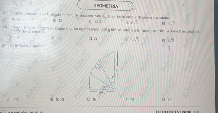 GEOMETRÍA
35. Si la hipotenusa de un triángulo rectángulo isósceles mide 18, determine la longitud de uno de sus catetos
A] 39 B) 12 C) 13,5 D] 9sqrt(3) E) 9sqrt(2)
36. En un triángulo rectángulo, cuyos ángulos agudos miden 30° y 60° , se sabe que la hipotenusa mide 24. Halle la longitud del
menor de los catetos.
A] 8 B) 12 C) 20 D] 12sqrt(3) E) 8sqrt(2)
37. De la figura, calcula x.
vk 60°
×
30°
30°
6sqrt(3)
A) 20 B) 10sqrt(3) C) 16 D) 18 E) 24