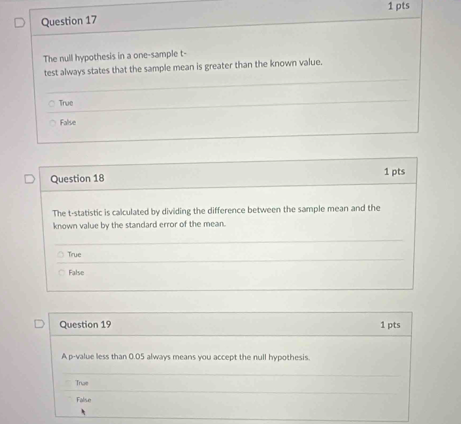 The null hypothesis in a one-sample t -
test always states that the sample mean is greater than the known value.
True
False
Question 18 1 pts
The t -statistic is calculated by dividing the difference between the sample mean and the
known value by the standard error of the mean.
True
False
Question 19 1 pts
A p -value less than 0.05 always means you accept the null hypothesis.
True
False