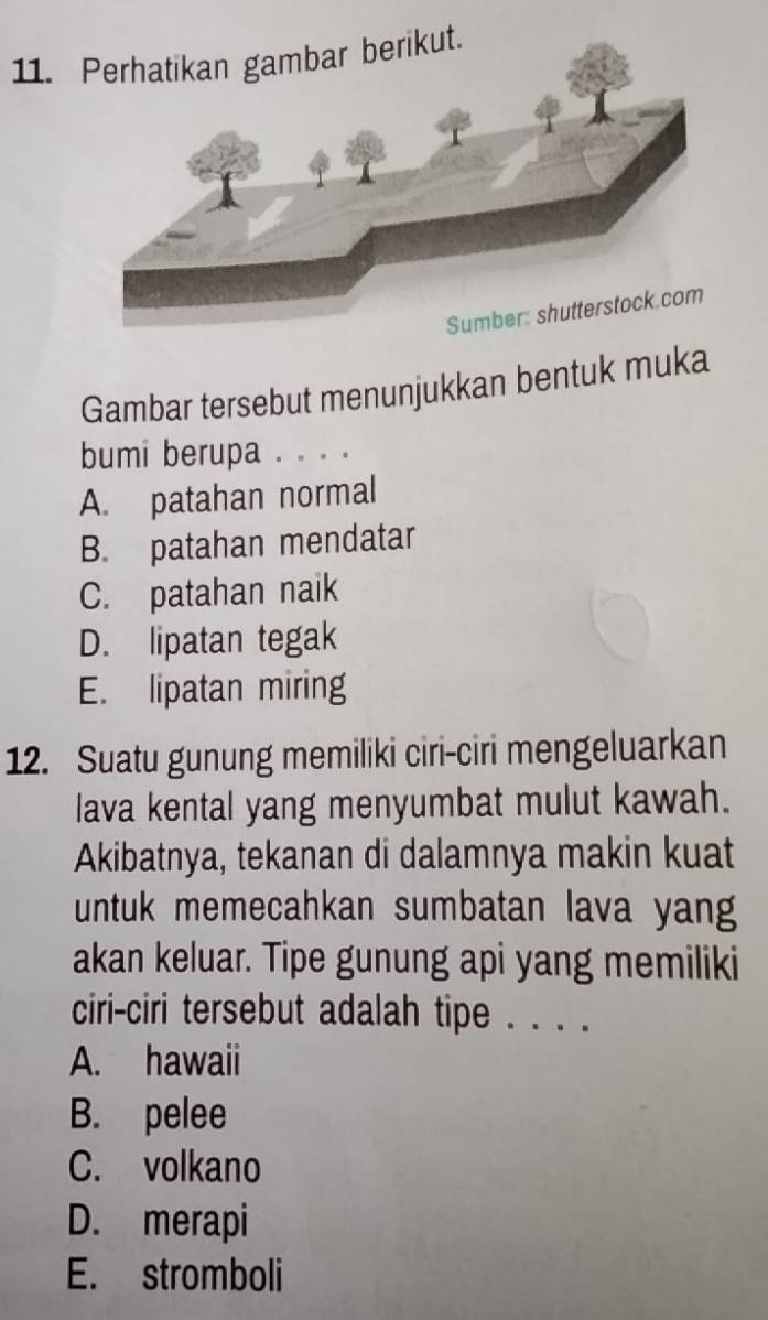 erikut.
Gambar tersebut menunjukkan bentuk muka
bumi berupa . . . .
A. patahan normal
B. patahan mendatar
C. patahan naik
D. lipatan tegak
E. lipatan miring
12. Suatu gunung memiliki ciri-ciri mengeluarkan
lava kental yang menyumbat mulut kawah.
Akibatnya, tekanan di dalamnya makin kuat
untuk memecahkan sumbatan lava yang
akan keluar. Tipe gunung api yang memiliki
ciri-ciri tersebut adalah tipe . . . .
A. hawaii
B. pelee
C. volkano
D. merapi
E. stromboli