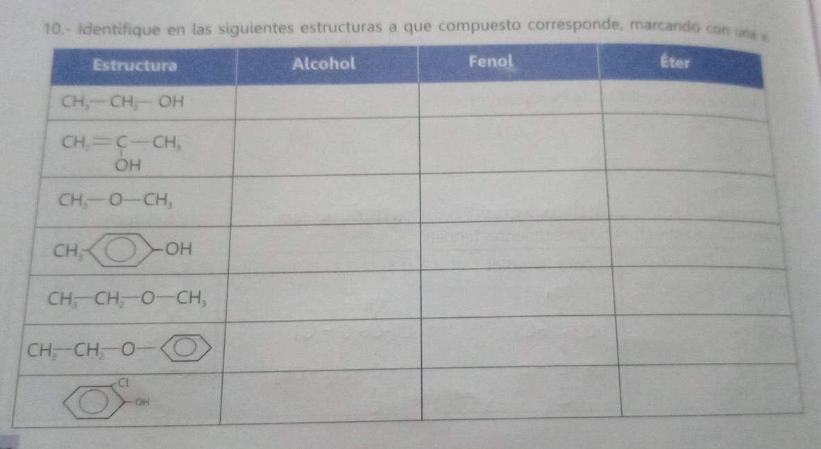 10.- siguientes estructuras a que compuesto corresponde, marcando ca