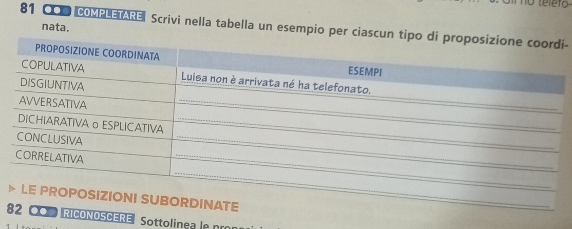 81 0O COMPLETARE Scrivi nella tabella un esempio per ciasi- 
nata. 
8OSCERE Sottolinea e nr