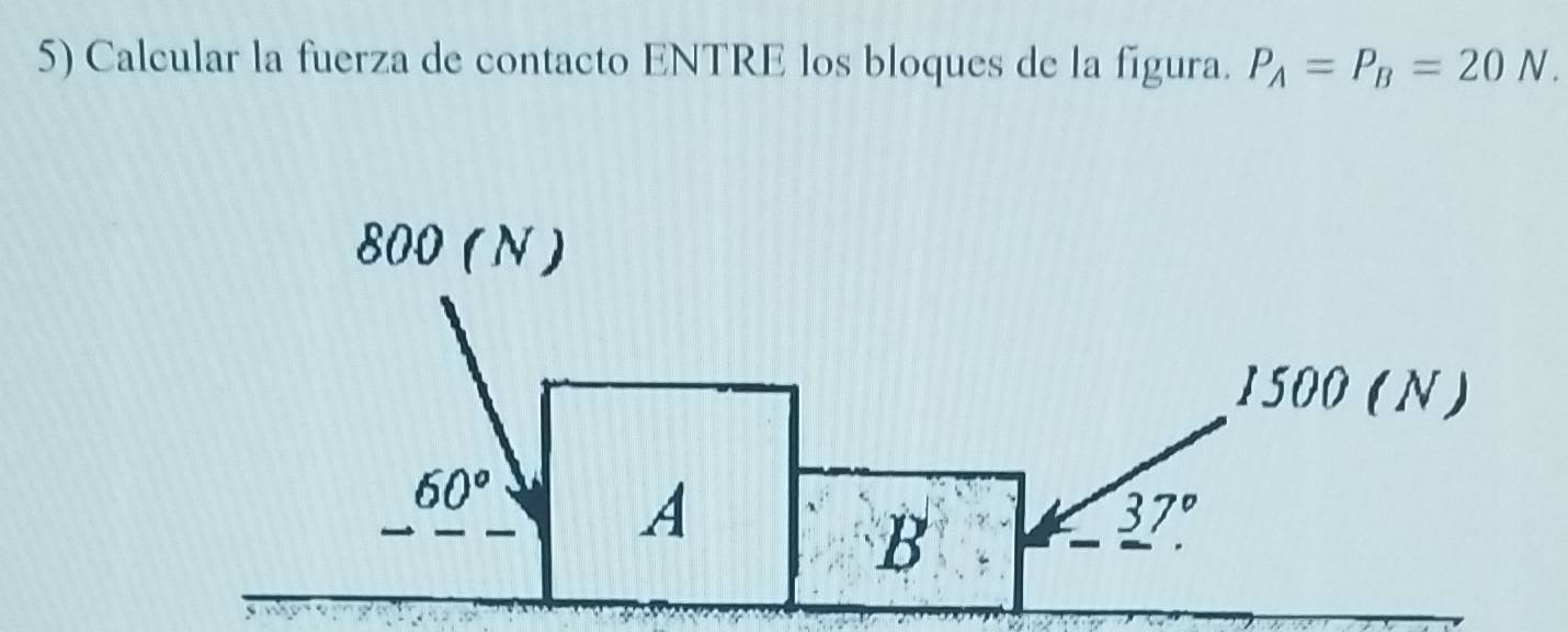 Calcular la fuerza de contacto ENTRE los bloques de la figura. P_A=P_B=20N.