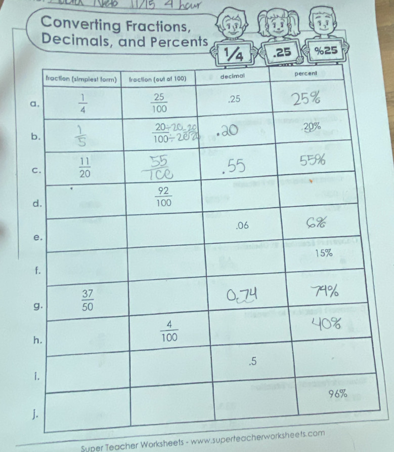 Converting Fractions,
Decimals, and Percents
5
Super Teacher Worksheets - www.superteacherworksheets.com