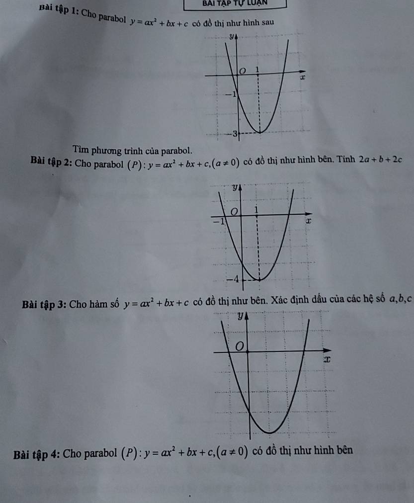 Bai tập tự luạn 
Bài tập 1: Cho parabol y=ax^2+bx+c có đồ thị như hình sau 
Tìm phương trình của parabol. 
Bài tập 2: Cho parabol (P): y=ax^2+bx+c, (a!= 0) có đồ thị như hình bên. Tính 2a+b+2c
Bài tập 3: Cho hàm số y=ax^2+bx+c có đồ thị như bên. Xác định dầu của các hệ số a, b, c
Bài tập 4: Cho parabol ( ):y=ax^2+bx+c, (a!= 0) có đồ thị như hình bên