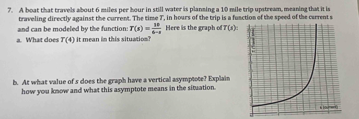 A boat that travels about 6 miles per hour in still water is planning a 10 mile trip upstream, meaning that it is 
traveling directly against the current. The time 7, in hours of the trip is a function of the speed of the current s 
and can be modeled by the function: T(s)= 10/6-s  Here is the graph of T(s). 
a. What does T(4) it mean in this situation? 
b. At what value of s does the graph have a vertical asymptote? Explain 
how you know and what this asymptote means in the situation.