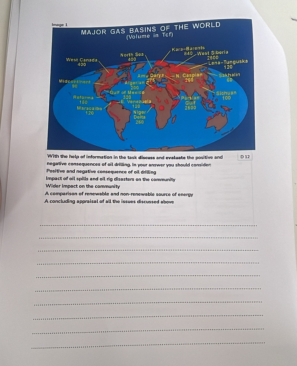 With the help of information in the task discuss and evaluate the positive and D 12 
negative consequences of oil drilling. In your answer you should consider: 
Positive and negative consequence of oil drilling 
Impact of oil spills and oil rig disasters on the community 
Wider impact on the community 
A comparison of renewable and non-renewable source of energy 
A concluding appraisal of all the issues discussed above 
_ 
_ 
_ 
_ 
_ 
_ 
_ 
_ 
_ 
_