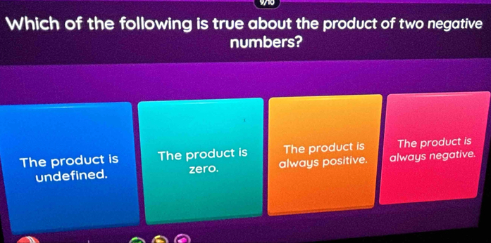 970
Which of the following is true about the product of two negative
numbers?
The product is The product is The product is The product is
undefined. zero. always positive. always negative.