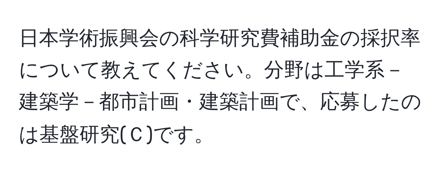 日本学術振興会の科学研究費補助金の採択率について教えてください。分野は工学系－建築学－都市計画・建築計画で、応募したのは基盤研究(Ｃ)です。