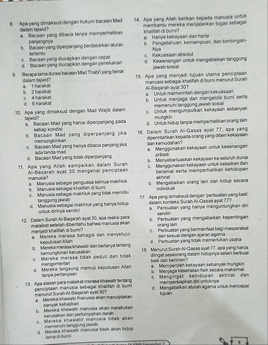 Apa yang dimaksud dengan hukum bacaan Mad 14. Apa yang Allah berikan kepada manusia untuk
dalam tajwid? membantu mereka menjalankan tugas sebagai
a. Bacaan yang dibaca tanpa memperhatikan khalifah di bumi?
panjangnya a. Hanya kekayaan dan harta
b. Bacaan yang diperpanjang berdasarkan aturan b. Pengetahuan, kemampuan, dan bimbingan-
Nya
tertentu
c. Bacaan yang diucapkan dengan cepat c. Kekuasaan absolut
d. Bacaan yang diucapkan dengan penekanan d. Kewenangan untuk mengabaikan tanggung
jawab sosial
9. Berapa lama durasi bacaan Mad Thabi'i yang benar 15. Apa yang menjadi tujuan utama penciptaan
dalam tajwid?
a. 1 harakat manusia sebagai khalifah di bumi menurut Surah
b 2 harakat Al-Baqarah ayat 30?
c. 4 harakat a. Untuk memerintah dengan kekuasaan
d. 6 harakat b. Untuk menjaga dan mengelola bumi serta
memenuhi tanggung jawab sosial
10. Apa yang dimaksud dengan Mad Wajib dalam c. Untuk mengumpulkan kekayaan sebanyak
tajwid? mungkin
a. Bacaan Mad yang harus diperpanjang pada d. Untuk hidup tanpa memperhatikan orang lain
setiap kondisi
b. Bacaan Mad yang diperpanjang jika 16 Dalam Surah Al-Qasas ayat 77, apa yang
memungkinkan diperintahkan kepada orang yang diberi kekayaan
c. Bacaan Mad yang hanya dibaca panjang jika dan kemudahan?
ada tanda mad a. Menggunakan kekayaan untuk kesenangan
d. Bacaan Mad yang tidak diperpanjang pribadi
11. Apa yang Allah sampaikan dalam Surah b. Menyebarluaskan kekayaan ke seluruh dunia
Al-Baqarah ayat 30 mengenai penciptaan c. Menggunakan kekayaan untuk kebaikan dan
beramal serta memperhatikan kehidupan
manusia? akhirat
a Manusia sebagai penguasa semua makhluk
b Manusia sebagai khalifah di bumi d. Mengabaikan orang lain dan hidup secara
individual
c. Manusia sebagai makhluk yang tidak memiliki
tanggung jawab 17. Apa yang dimaksud dengan 'perbuatan yang baik'
d. Manusia sebagai makhluk yang hanya hidup dalam konteks Surah Al-Qaşaş ayat 77?
untuk dirinya sendiri a. Perbuatan yang hanya menguntungkan diri
sendiri
12. Dalam Surah Al-Baqarah ayat 30, apa reaksi para b. Perbuatan yang mengabaikan kepentingan
malaikat setelah diberitahu bahwa manusia akan orang lain
menjadi khalifah di bumi? c. Perbuatan yang bermanfaat bagi masyarakat
a. Mereka merasa bahagia dan menyetujui dan sesuai dengan ajaran agama
keputusan Allah
b Mereka merasa khawatir dan bertanya tentang d. Perbuatan yang tidak memerlukan usaha
kemungkinan kerusakan 18. Menurut Surah Al-Qaşaş ayat 77, apa yang harus
c. Mereka merasa tidak peduli dan tidak diingat seseorang dalam hidupnya selain berbuat
mengomentari baik dan beriman?
d. Mereka langsung memuji keputusan Allah a. Memperoleh kekayaan sebanyak mungkin
tanpa pertanyaan b. Menjaga kesehatan fisik secara maksimal
13. Apa alasan para malaikat merasa khawatir tentang c. Mengingat kehidupan akhirat dan
mempersiapkan diri untuknya
penciptaan manusia sebagai khalifah di bumi d. Mengabaikan aturan agama untuk mencapai
menurut Surah Al-Baqarah ayat 30? tujuan
a. Mereka khawatir manusia akan menciptakan
banyak kebajikan
b. Mereka khawatir manusia akan melakukan
kerusakan dan pertumpahan darah
c. Mereka khawatir manusia tidak akan
memenuhi tanggung jawab
d. Mereka khawatir manusia tidak akan hidup
lama di bumi
9