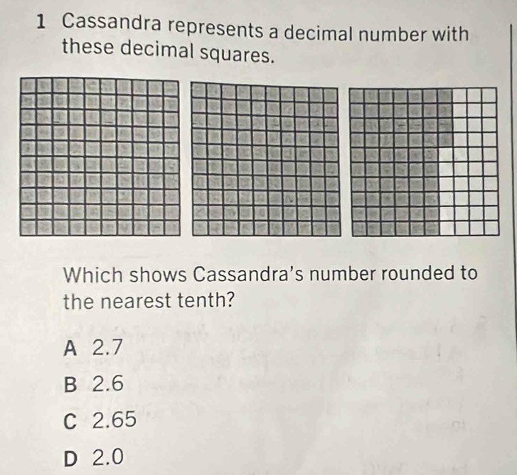 Cassandra represents a decimal number with
these decimal squares.

Which shows Cassandra's number rounded to
the nearest tenth?
A 2.7
B 2.6
C 2.65
D 2.0