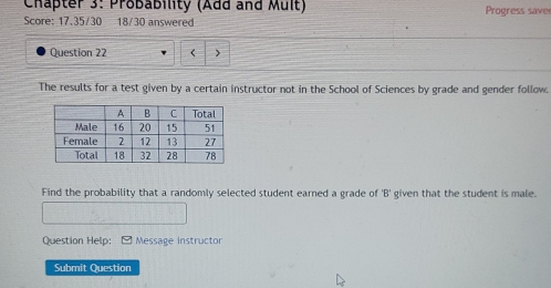 Chapter 3: Probability (Add and Mult) 
Score: 17.35/30 18/30 answered Progress save 
Question 22