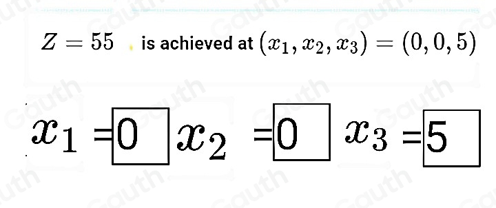 Z=55 is achieved at (x_1,x_2,x_3)=(0,0,5)
x_1=0x_2=0x_3=5