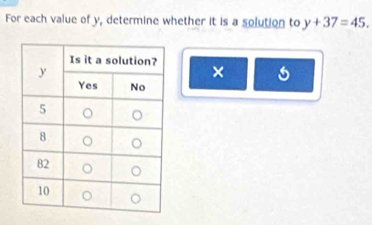 For each value of y, determine whether it is a solution to y+37=45. 
×