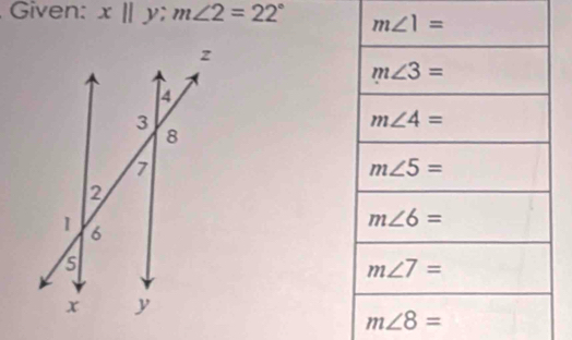 Given: x||y;m∠ 2=22°