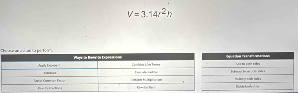 V=3.14r^2h
C