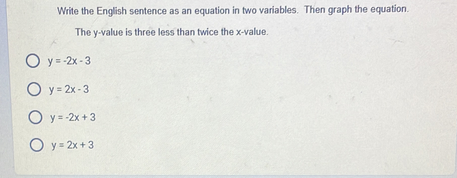 Write the English sentence as an equation in two variables. Then graph the equation.
The y -value is three less than twice the x -value.
y=-2x-3
y=2x-3
y=-2x+3
y=2x+3