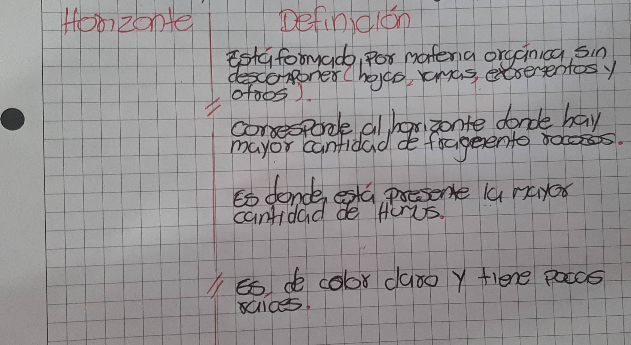 Ho820nte Defindidn 
tstaformado, fox motena organica sin 
descomoner (heco, ramas, exserentos y 
0fo0s) 
coresporde al berzonte donoe hay 
mayor canfidad de foageento tocs. 
to donde, esta, presene la maycx 
canfidad de Heris.
x eo de cobǒ dato y fiene pags 
vuicer,