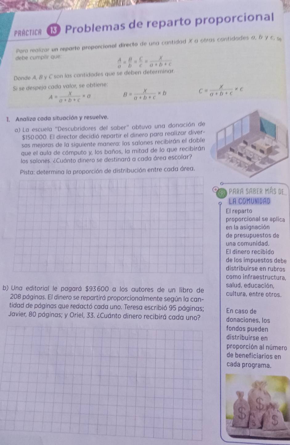 PRÁCTICA  Problemas de reparto proporcional
Para realizar un reparto proporcional directo de una cantidad X a otras cantidades a, b γ c, s
debe cumplir que:
 A/a = B/b = C/c = X/a+b+c 
Donde A, B y C son las cantidades que se deben determinar.
Si se despeja cada valor, se obtiene:
A= X/a+b+c * a B= X/a+b+c * b c= X/a+b+c * c
1. Analiza cada situación y resuelve.
a) La escuela “Descubridores del saber" obtuvo una donación de
$150 000. El director decidió repartir el dinero para realizar diver-
sas mejoras de la siguiente manera: los salones recibirán el doble
que el aula de cómputo y, los baños, la mitad de lo que recibirán
los salones. ¿Cuánto dinero se destinará a cada área escolar?
Pista: determina la proporción de distribución entre cada área.
para saber más de
La comunidad
El reparto
proporcional se aplica
en la asignación
de presupuestos de
una comunidad.
El dinero recibido
de los impuestos debe
distribuirse en rubros
como infraestructura,
salud, educación,
b) Una editorial le pagará $93600 a los autores de un libro de cultura, entre otros.
208 páginas. El dinero se repartirá proporcionalmente según la can-
tidad de páginas que redactó cada uno. Teresa escribió 95 páginas; En caso de
Javier, 80 páginas; y Oriel, 33. ¿Cuánto dinero recibirá cada uno? donaciones, los
fondos pueden
distribuirse en
proporción al número
de beneficiarios en
cada programa.