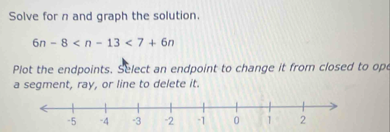 Solve for n and graph the solution.
6n-8
Plot the endpoints. Select an endpoint to change it from closed to ope 
a segment, ray, or line to delete it.