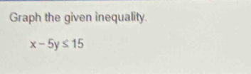 Graph the given inequality.
x-5y≤ 15