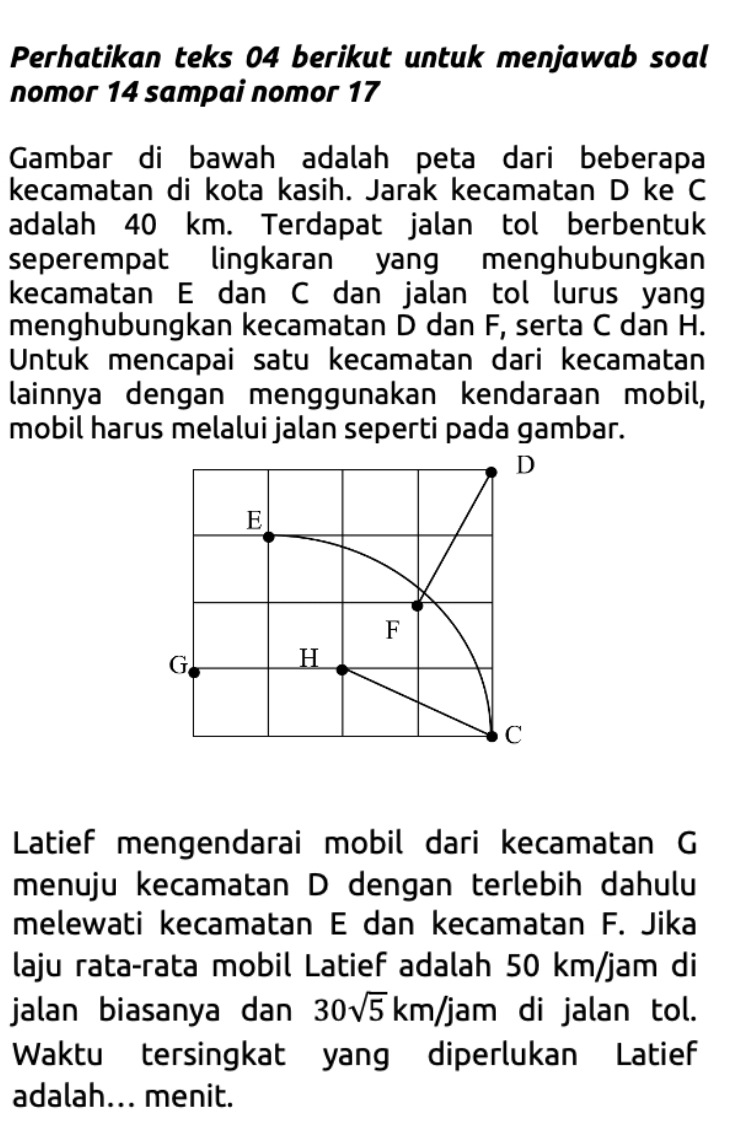 Perhatikan teks 04 berikut untuk menjawab soal 
nomor 14 sampai nomor 17
Gambar di bawah adalah peta dari beberapa 
kecamatan di kota kasih. Jarak kecamatan D ke C
adalah 40 km. Terdapat jalan tol berbentuk 
seperempat lingkaran yang menghubungkan 
kecamatan E dan C dan jalan tol lurus yang 
menghubungkan kecamatan D dan F, serta C dan H. 
Untuk mencapai satu kecamatan dari kecamatan 
lainnya dengan menggunakan kendaraan mobil, 
mobil harus melalui jalan seperti pada gambar.
D
E
F
G
H
C
Latief mengendarai mobil dari kecamatan G
menuju kecamatan D dengan terlebih dahulu 
melewati kecamatan E dan kecamatan F. Jika 
laju rata-rata mobil Latief adalah 50 km/jam di 
jalan biasanya dan 30sqrt(5)km/jam di jalan tol. 
Waktu tersingkat yang diperlukan Latief 
adalah... menit.