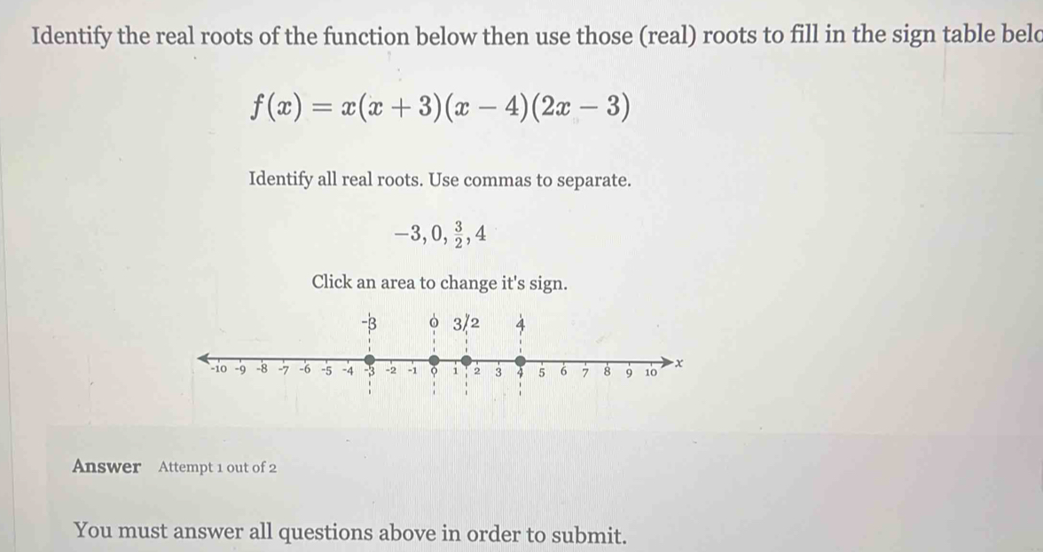 Identify the real roots of the function below then use those (real) roots to fill in the sign table belc
f(x)=x(x+3)(x-4)(2x-3)
Identify all real roots. Use commas to separate.
-3, 0 , 3/2 , 4
Click an area to change it's sign. 
Answer Attempt 1 out of 2 
You must answer all questions above in order to submit.