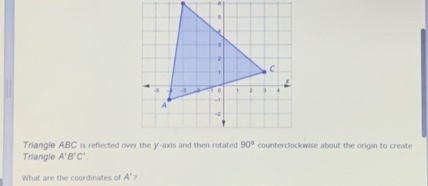 Triangle ABC is reflected over the y-axis and then rotatedcounterclockwise about the origin to create
Triangle A'B'C'.
What are the coordinates of A' 7