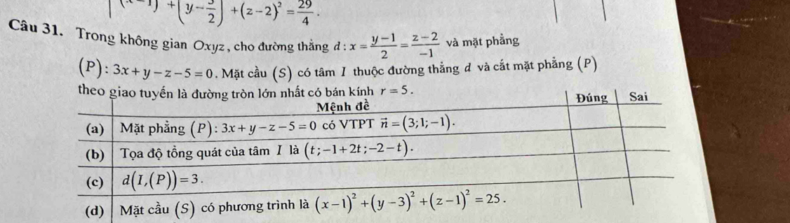 (x-1)+(y- 3/2 )+(z-2)^2= 29/4 .
Câu 31. Trong không gian Oxyz , cho đường thắng d:x= (y-1)/2 = (z-2)/-1  và mặt phầng
(P): 3x+y-z-5=0. Mặt cầu (S) có tâm 1 thuộc đường thẳng đ và cắt mặt phẳng (P)
th r=5.