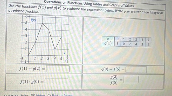 Operations on Functions Using Tables and Graphs of Values
Use the functions f(x) and g(x) to evaluate the expressions below. Write your answer as an integer or
a reduced fraction.
6
5 f(x)
4
3
2
1
x
-1 1 2 3 4 5 6
-1
f(1)+g(2)=□
g(0)-f(5)=□
f(1)· g(0)=□
 g(2)/f(5) =□
Dost to forum