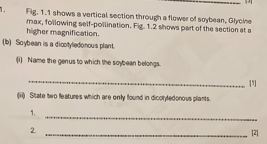 [3] 
1. Fig. 1.1 shows a vertical section through a flower of soybean, Glycine 
max, following self-pollination. Fig. 1.2 shows part of the section at a 
higher magnification. 
(b) Soybean is a dicotyledonous plant. 
(i) Name the genus to which the soybean belongs. 
_ 
[1] 
(ii) State two features which are only found in dicotyledonous plants. 
_ 
1. 
2. 
_[2]